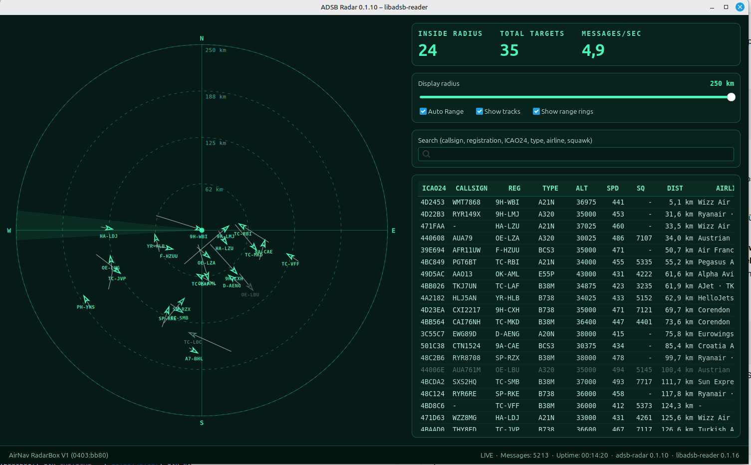 adsb-radar GTK4 application showing 35 live ADS-B targets on a green radar scope with aircraft table