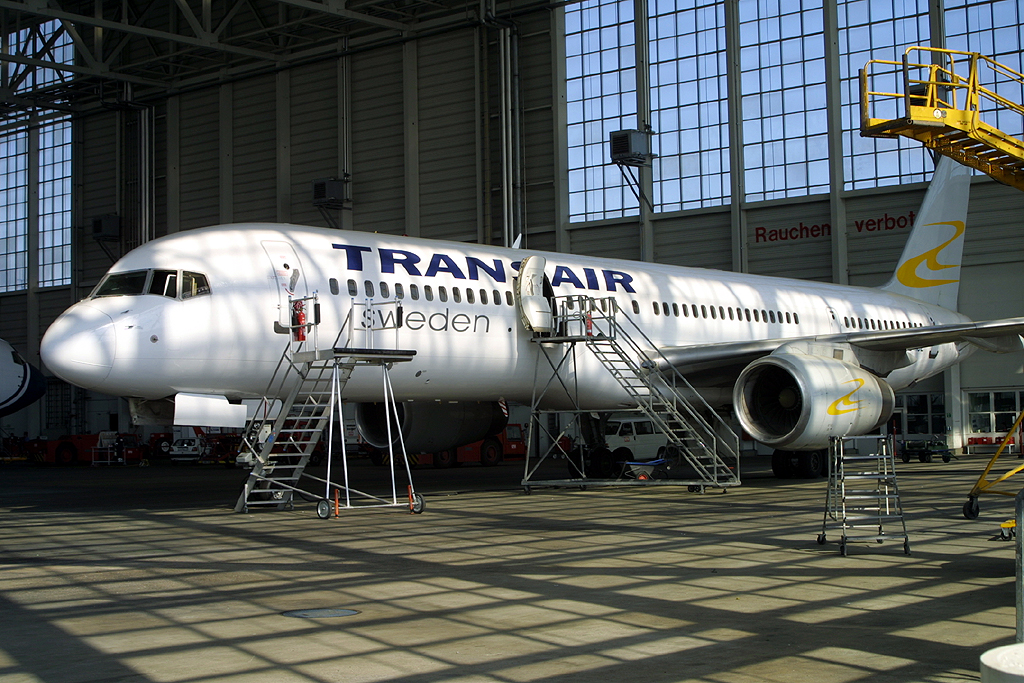 Transair Sweden aircraft in maintenance at Munich on 16 May 2003