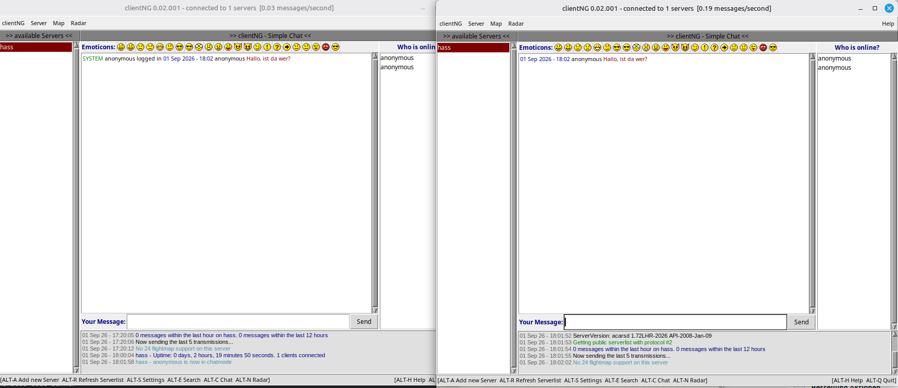 Two clientNG instances connected to the resurrected ACARSd server and using the internal chat